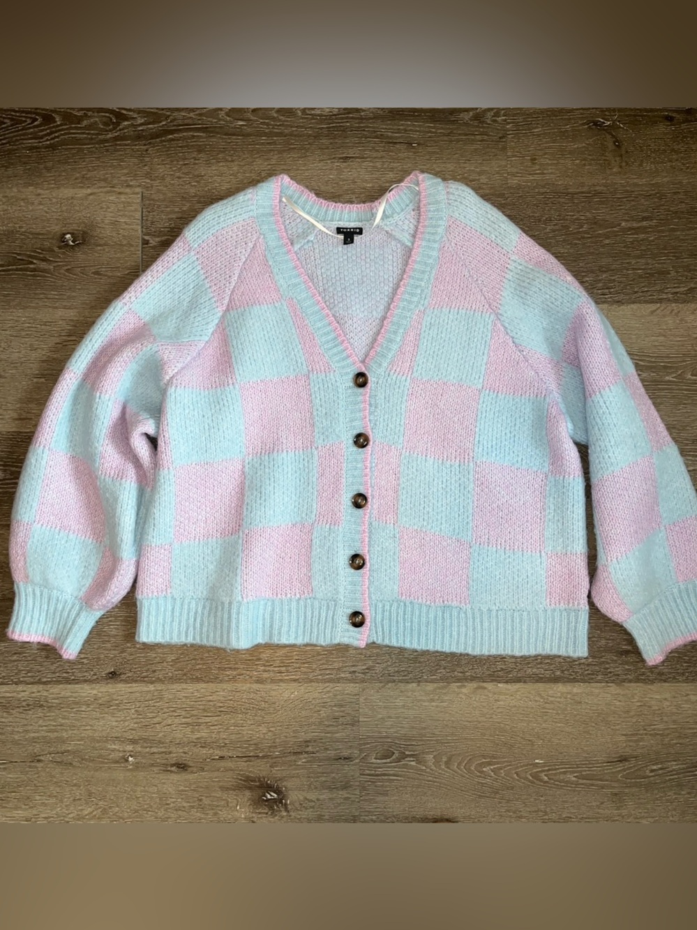 torrid Pink & Light Blue Checkered Off-Shoulder Button Cardigan